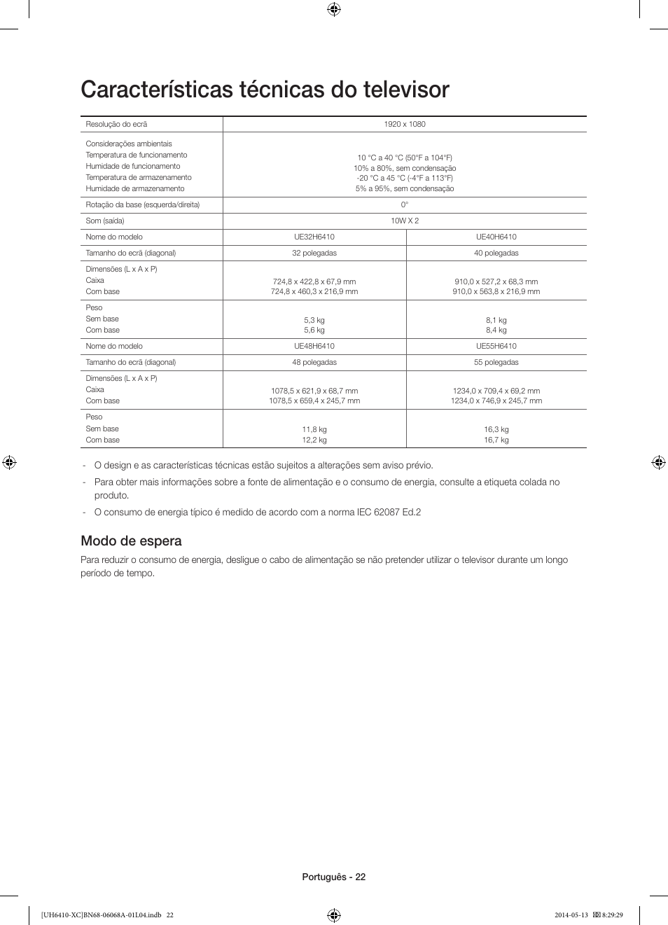 Características técnicas do televisor, Modo de espera | Samsung UE40H6410SS User Manual | Page 88 / 89