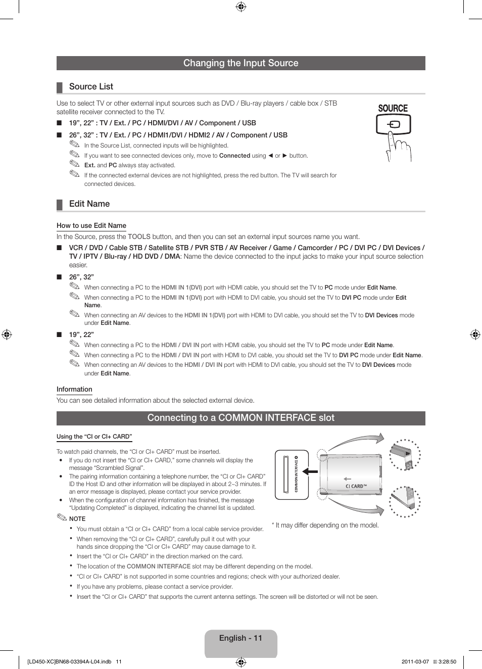 Changing the input source, Connecting to a common interface slot | Samsung LE22D450G1W User Manual | Page 11 / 65
