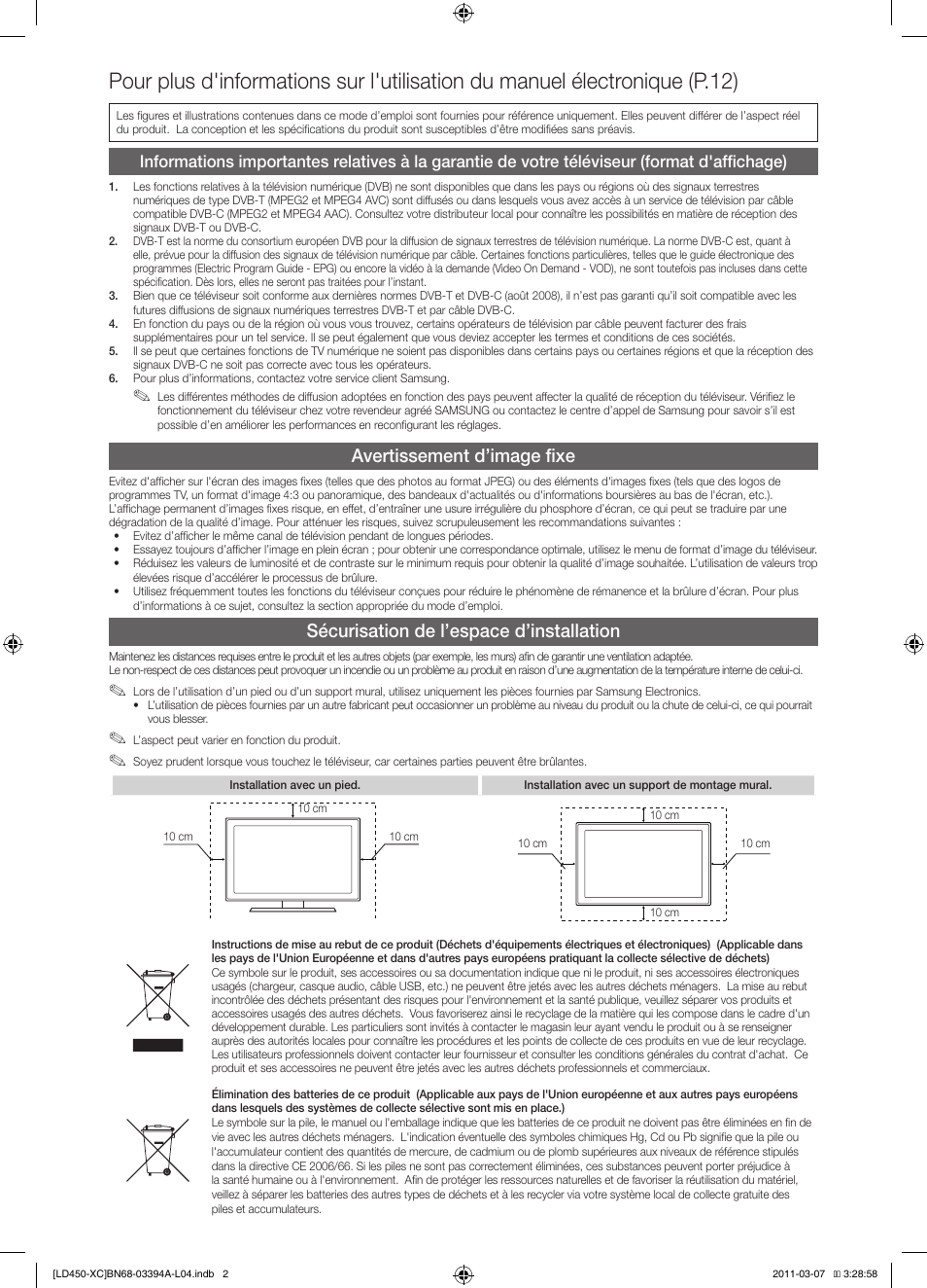 Avertissement d’image fixe, Sécurisation de l’espace d’installation | Samsung LE22D450G1W User Manual | Page 18 / 65