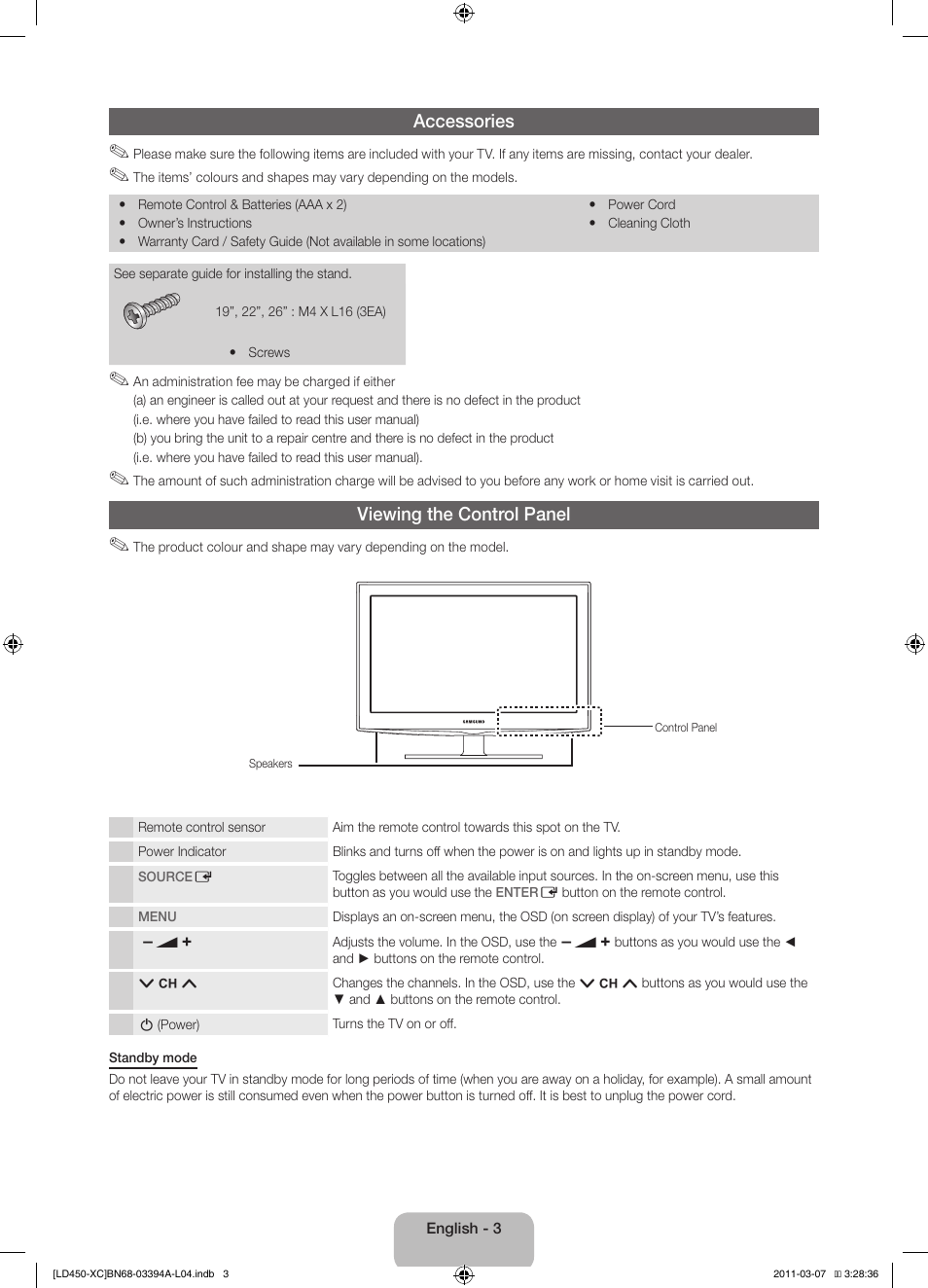 Accessories, Viewing the control panel | Samsung LE22D450G1W User Manual | Page 3 / 65