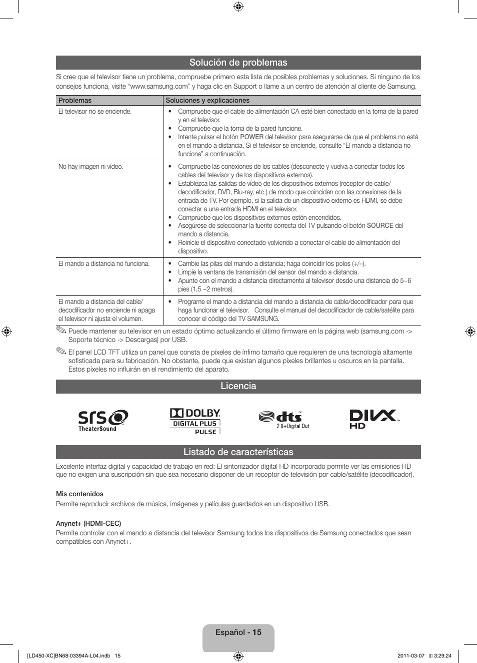 Solución de problemas, Licencia listado de características | Samsung LE22D450G1W User Manual | Page 47 / 65