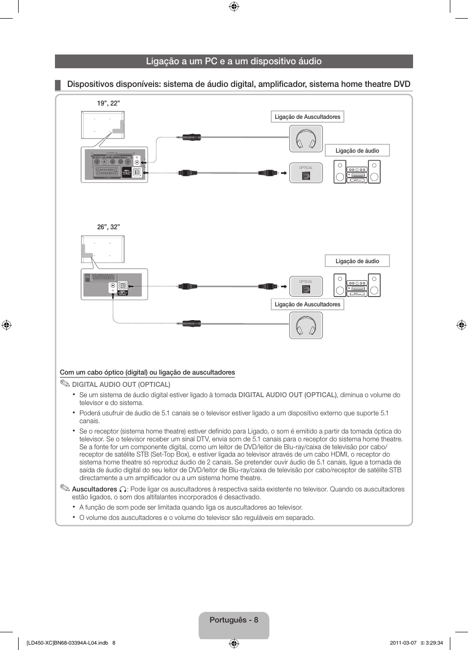 Ligação a um pc e a um dispositivo áudio | Samsung LE22D450G1W User Manual | Page 56 / 65