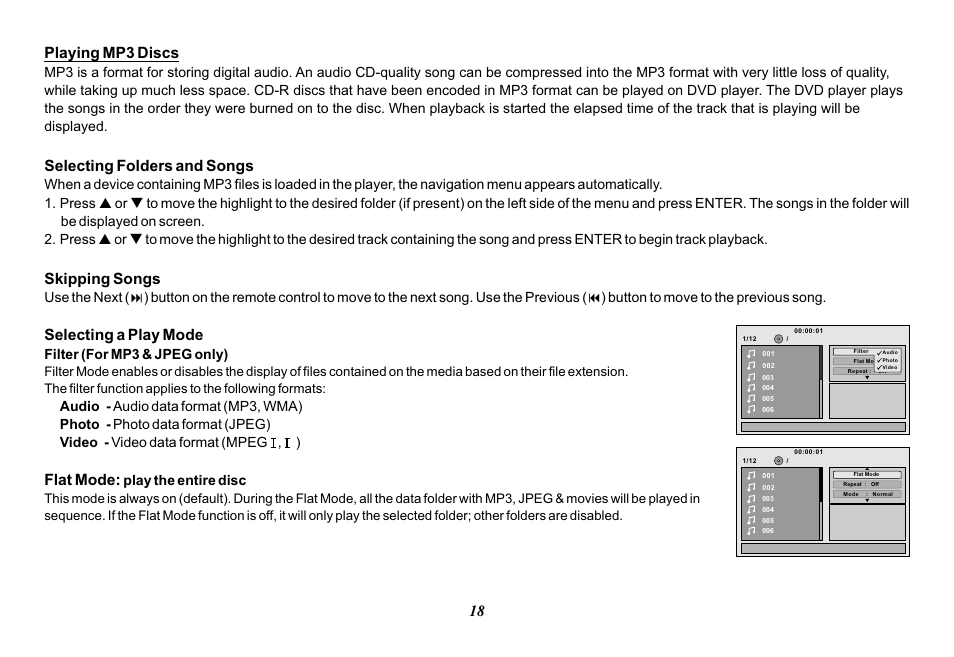 18 playing mp3 discs, Selecting folders and songs, Skipping songs | Selecting a play mode, Flat mode, Filter (for mp3 & jpeg only), Play the entire disc | Audiovox VOD129 User Manual | Page 18 / 32