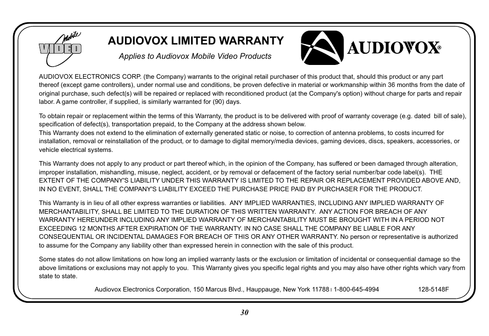 Audiovox limited warranty | Audiovox VOD129 User Manual | Page 30 / 32