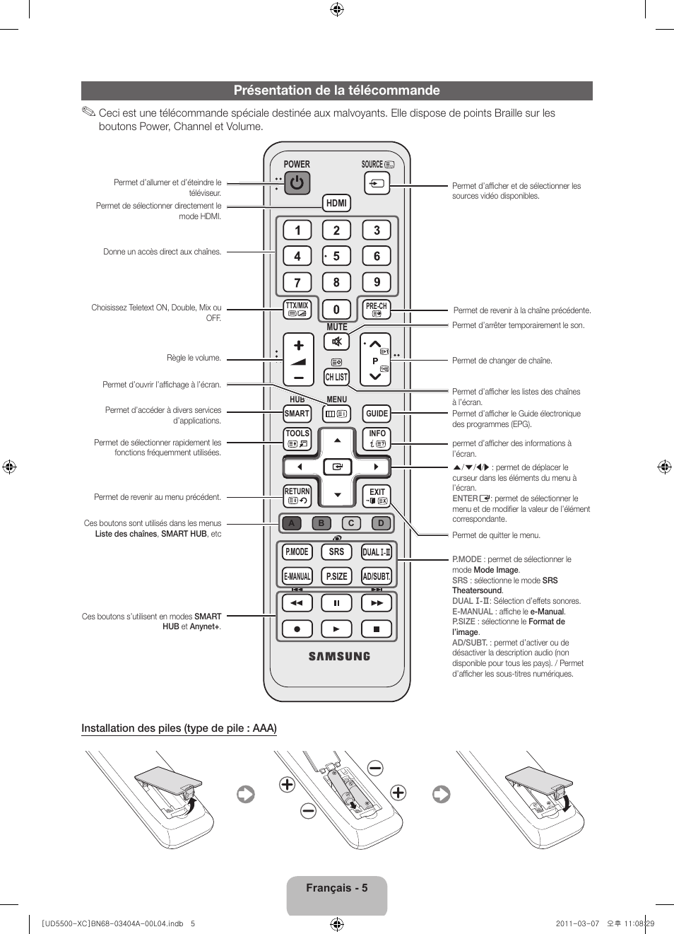 Présentation de la télécommande | Samsung UE46D5500RW User Manual | Page 25 / 80