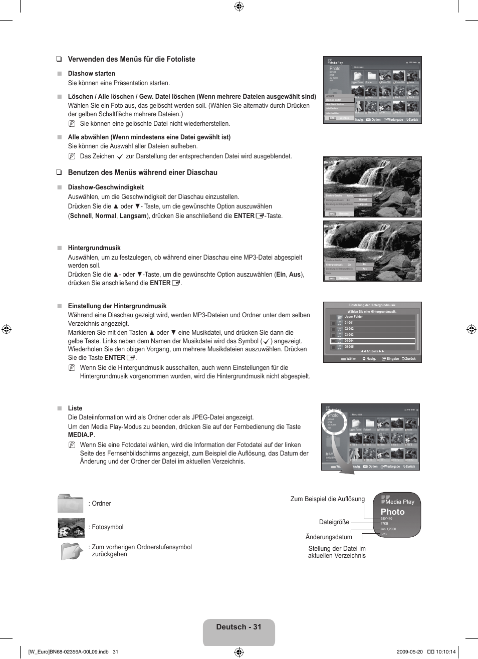 Photo, Deutsch - 31 verwenden des menüs für die fotoliste, Benutzen des menüs während einer diaschau | Samsung LE46B620R3W User Manual | Page 125 / 422