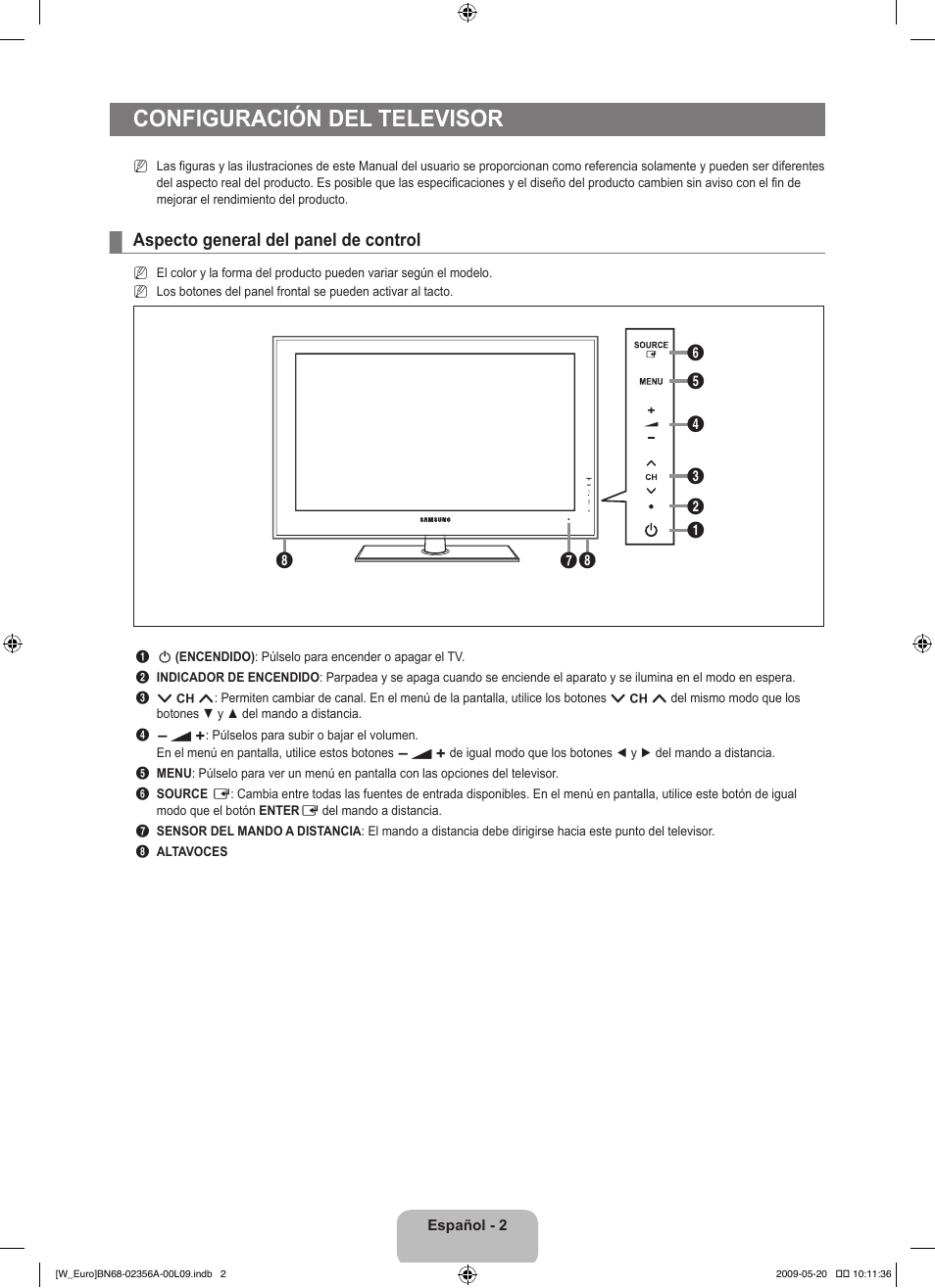 Configuración del televisor, Aspecto general del panel de control | Samsung LE46B620R3W User Manual | Page 234 / 422