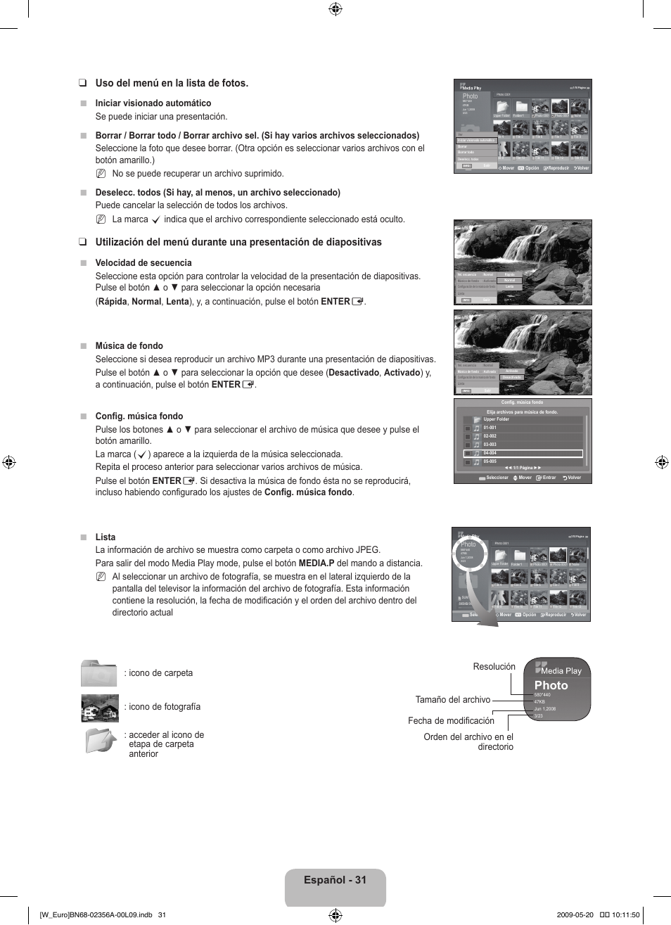 Photo, Español - 31 uso del menú en la lista de fotos | Samsung LE46B620R3W User Manual | Page 263 / 422