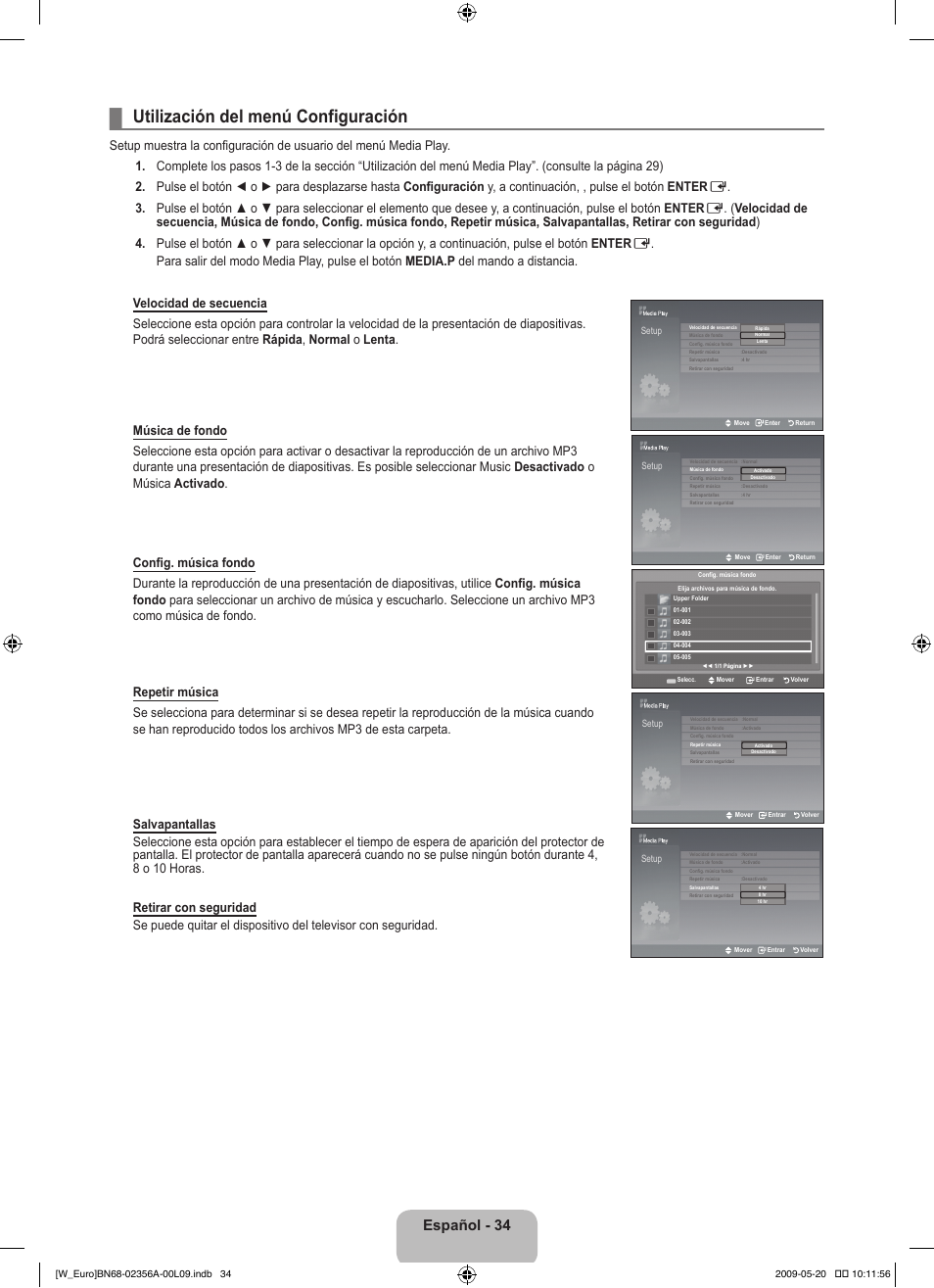 Utilización del menú configuración, Español - 34 | Samsung LE46B620R3W User Manual | Page 266 / 422