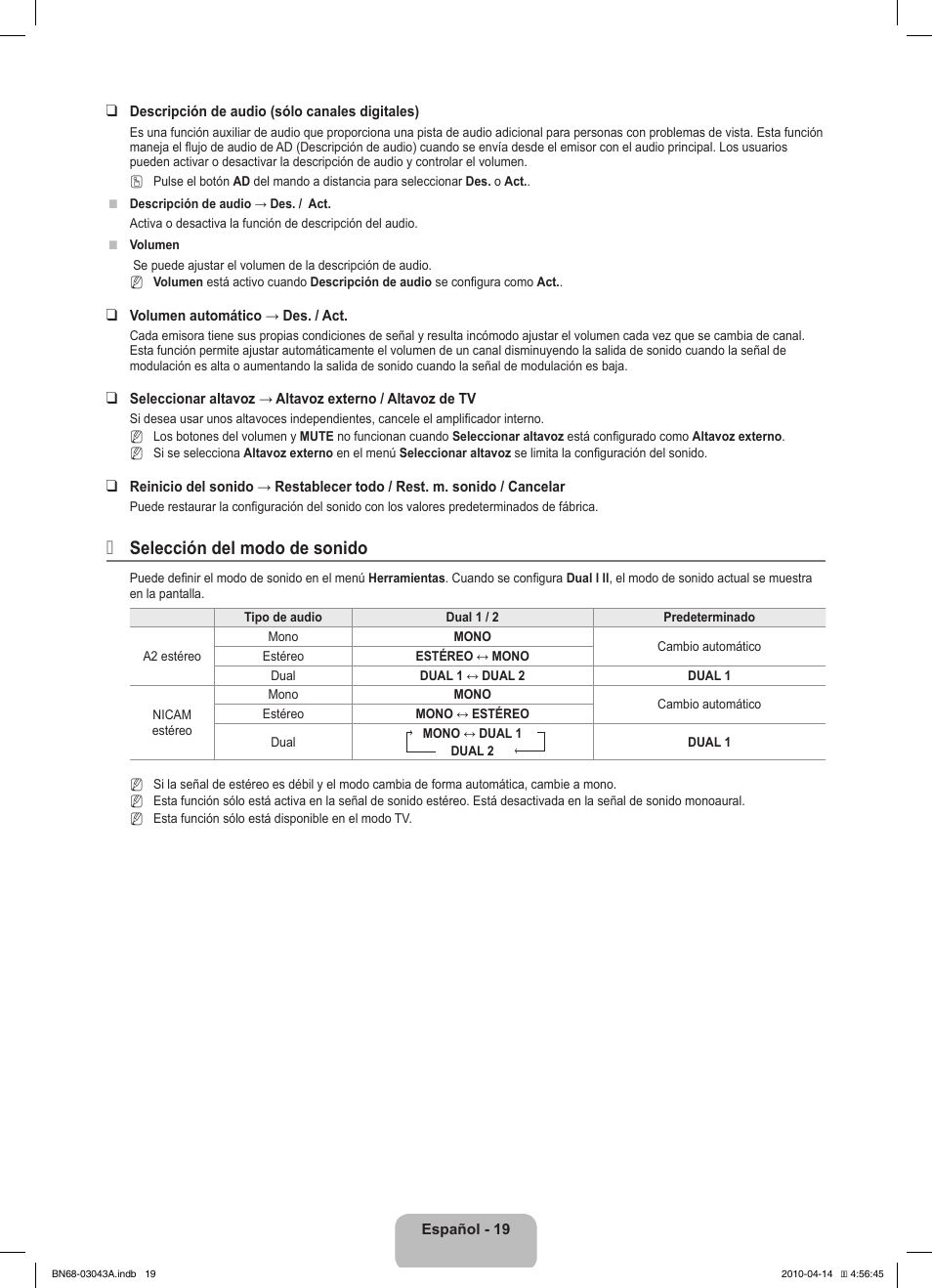 Selección del modo de sonido | Samsung LE19C451E2W User Manual | Page 89 / 214