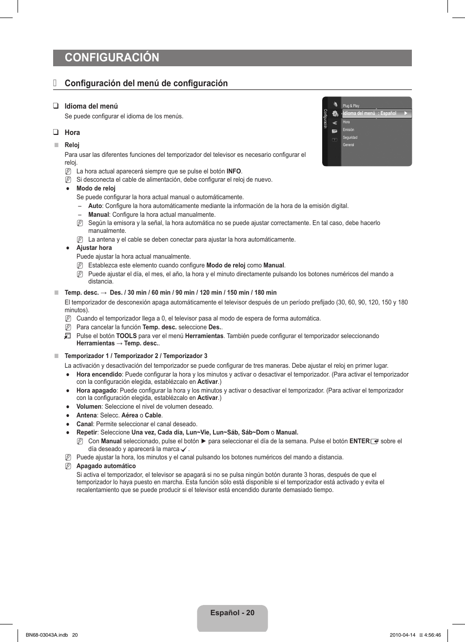 Configuración, Configuración del menú de configuración | Samsung LE19C451E2W User Manual | Page 90 / 214