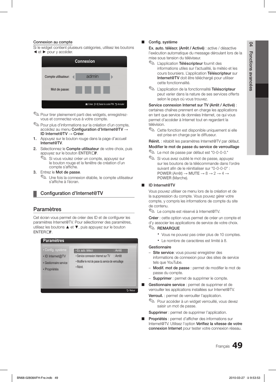 Paramètres | Samsung LE46C750R2W User Manual | Page 110 / 368