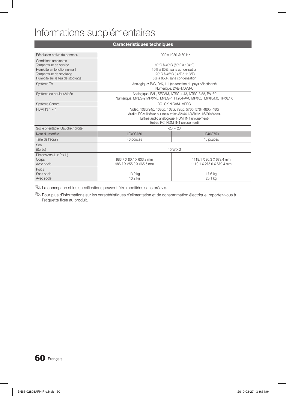 Informations supplémentaires | Samsung LE46C750R2W User Manual | Page 121 / 368