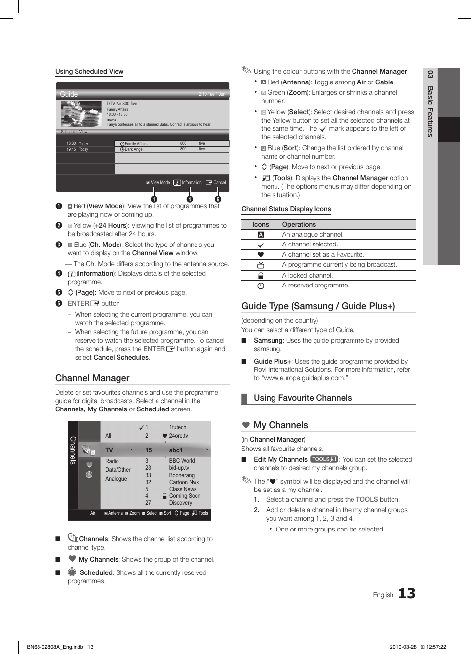 Channel manager, Guide type (samsung / guide plus+), My channels | Using favourite channels | Samsung LE46C750R2W User Manual | Page 13 / 368