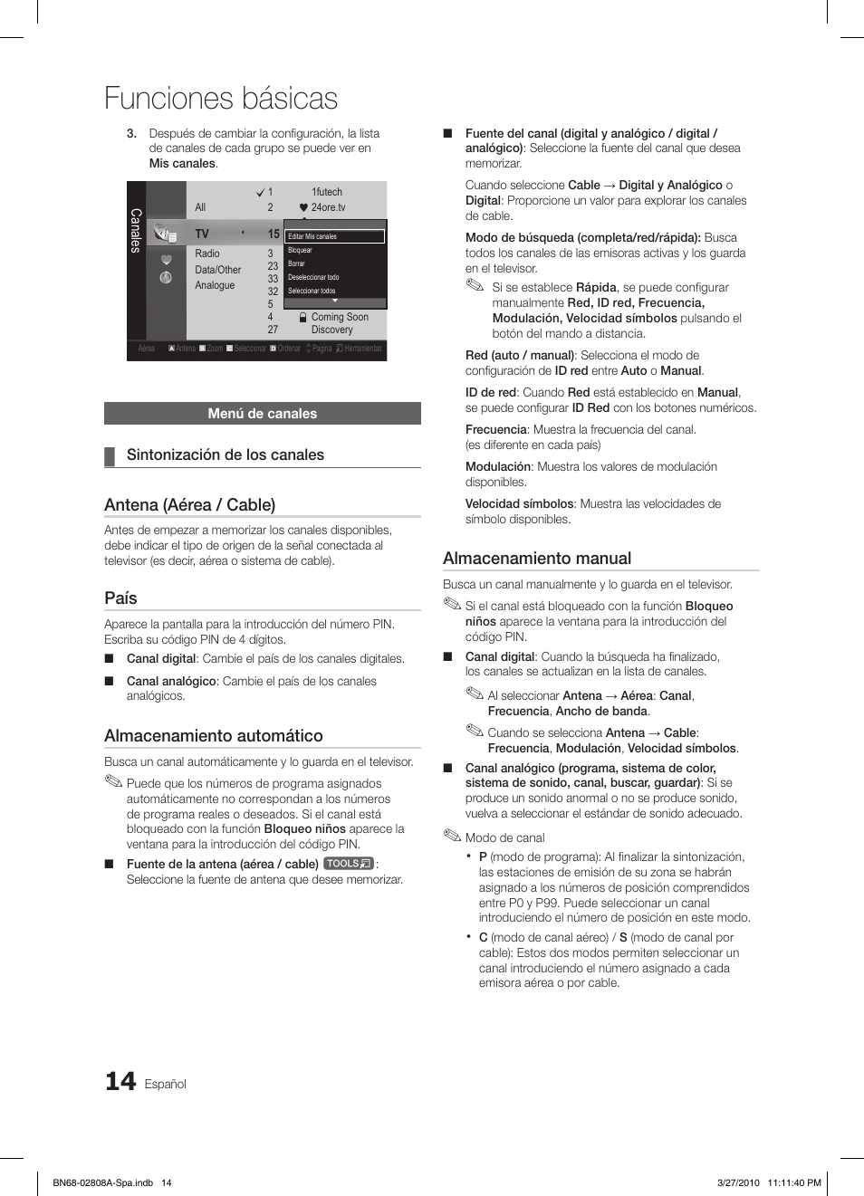 Funciones básicas, Antena (aérea / cable), País | Almacenamiento automático, Almacenamiento manual | Samsung LE46C750R2W User Manual | Page 136 / 368