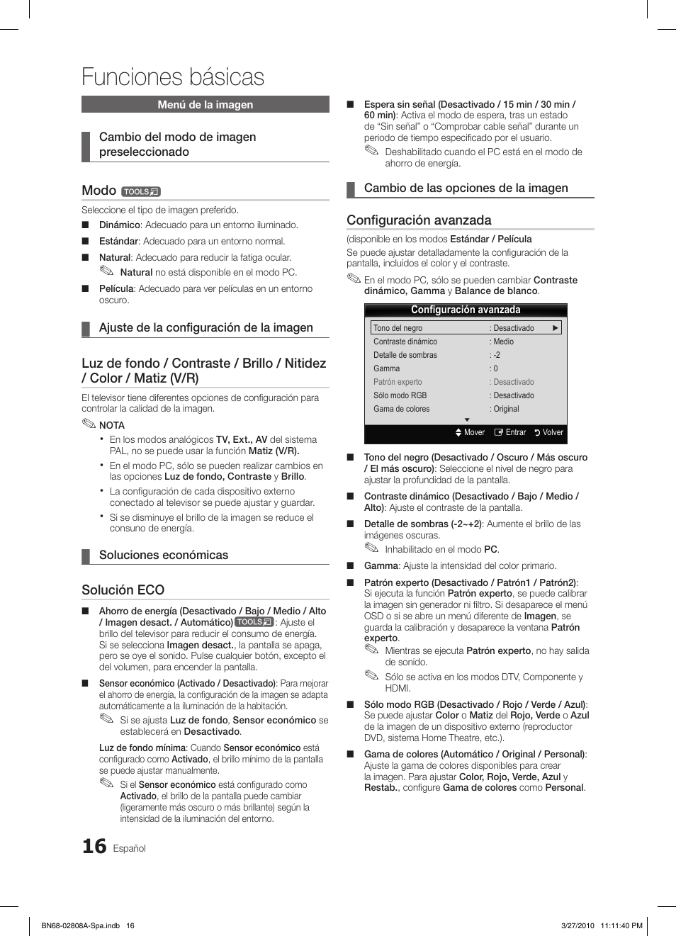 Funciones básicas, Modo, Solución eco | Configuración avanzada | Samsung LE46C750R2W User Manual | Page 138 / 368