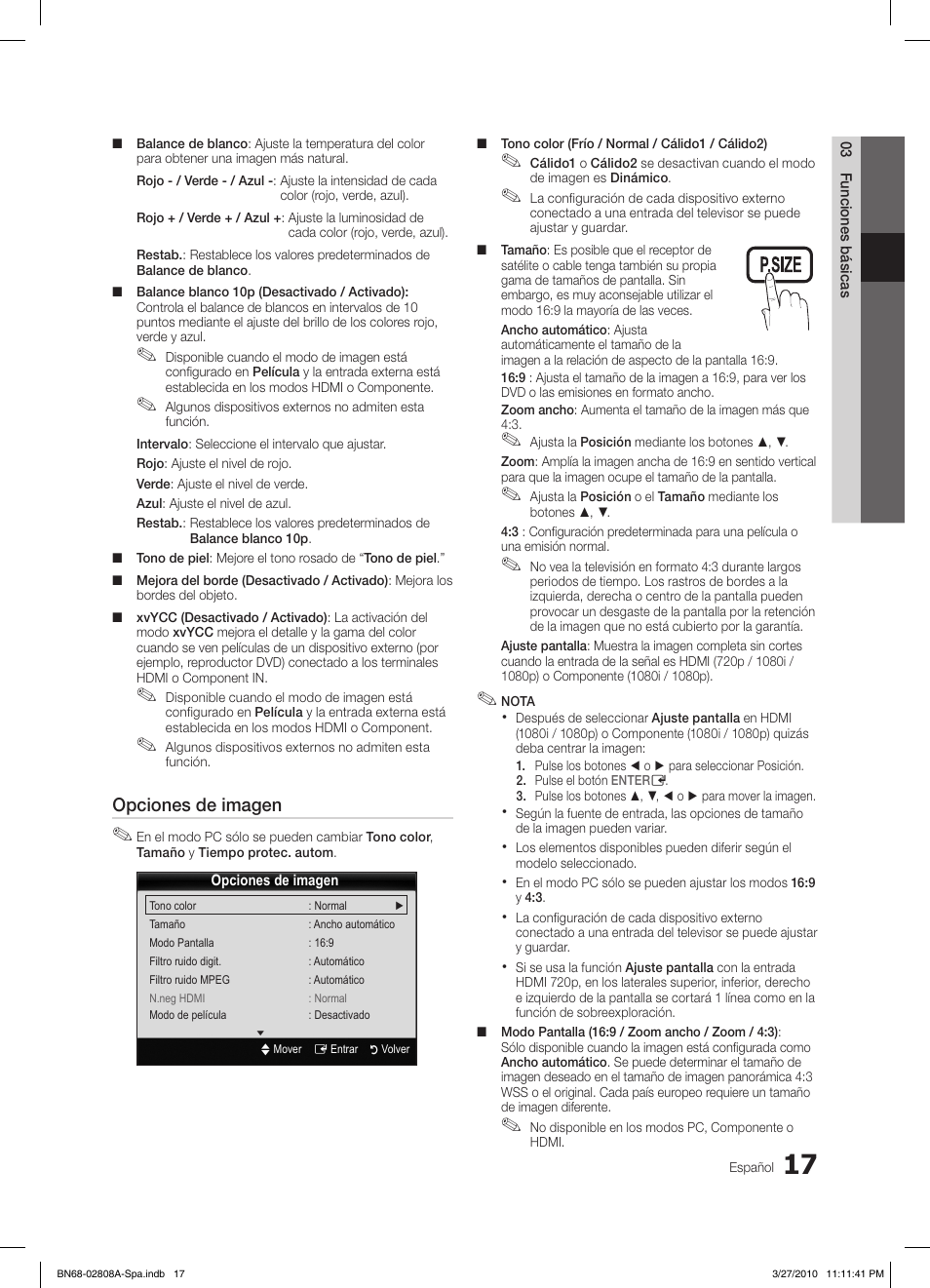 Opciones de imagen | Samsung LE46C750R2W User Manual | Page 139 / 368