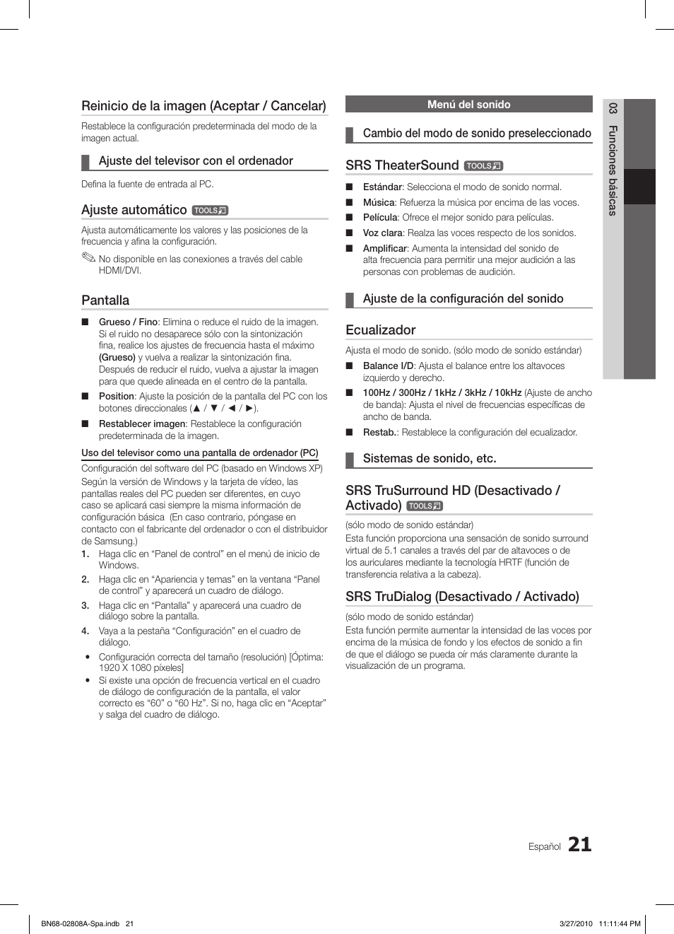 Reinicio de la imagen (aceptar / cancelar), Ajuste automático, Pantalla | Srs theatersound, Ecualizador, Srs trusurround hd (desactivado / activado), Srs trudialog (desactivado / activado) | Samsung LE46C750R2W User Manual | Page 143 / 368