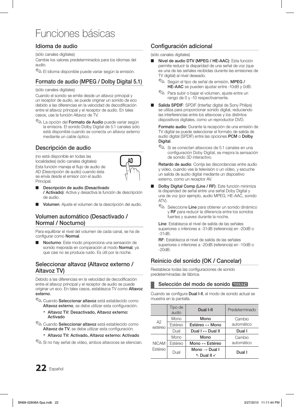 Funciones básicas, Idioma de audio, Formato de audio (mpeg / dolby digital 5.1) | Descripción de audio, Seleccionar altavoz (altavoz externo / altavoz tv), Configuración adicional, Reinicio del sonido (ok / cancelar) | Samsung LE46C750R2W User Manual | Page 144 / 368