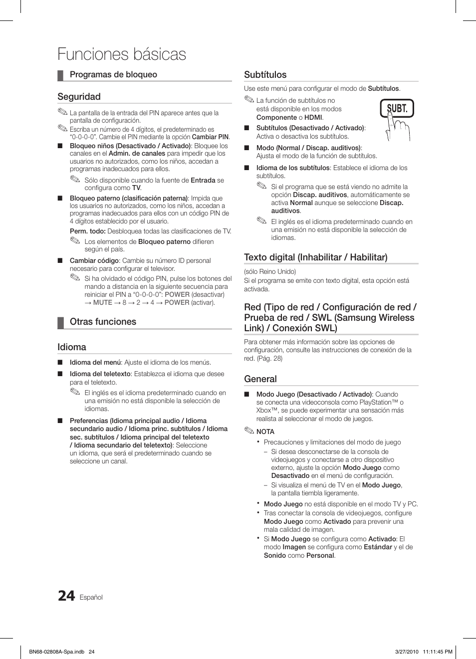 Funciones básicas, Seguridad, Otras funciones ¦ idioma | Subtítulos, Texto digital (inhabilitar / habilitar), General | Samsung LE46C750R2W User Manual | Page 146 / 368