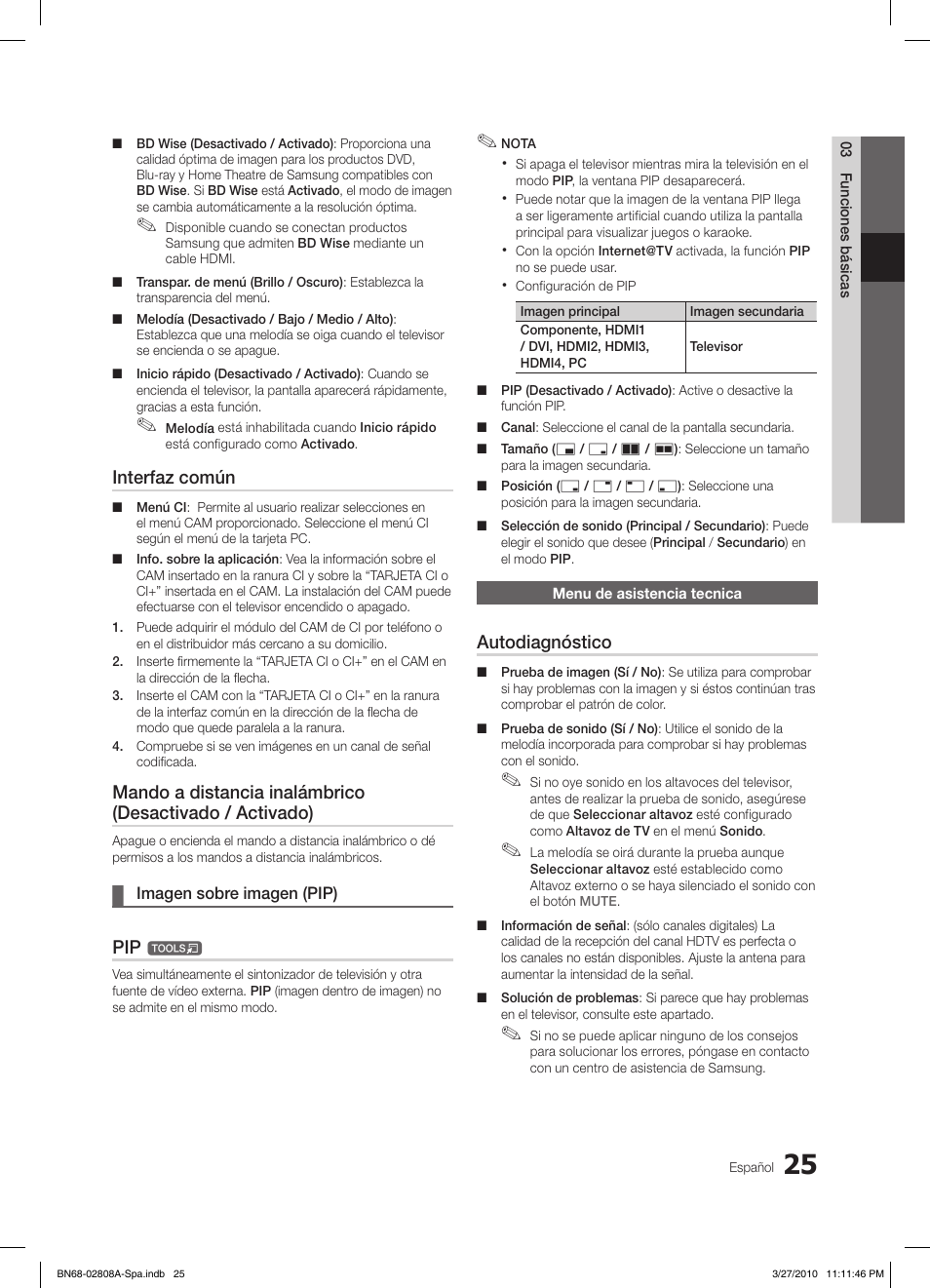 Interfaz común, Autodiagnóstico | Samsung LE46C750R2W User Manual | Page 147 / 368