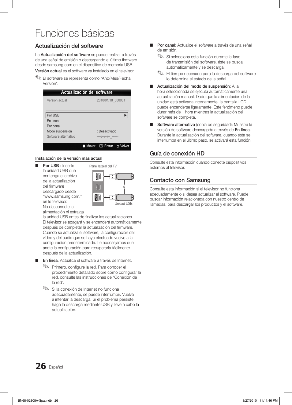 Funciones básicas, Actualización del software, Guía de conexión hd | Contacto con samsung | Samsung LE46C750R2W User Manual | Page 148 / 368