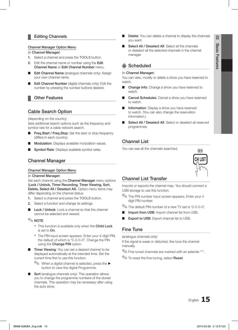 Cable search option, Channel manager, Scheduled | Channel list, Channel list transfer, Fine tune | Samsung LE46C750R2W User Manual | Page 15 / 368