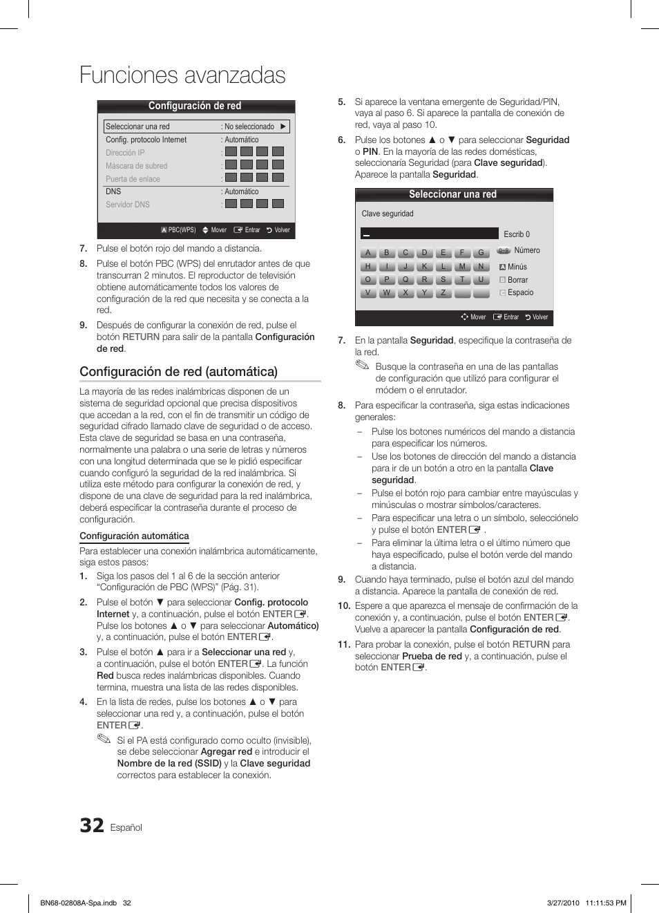 Funciones avanzadas, Configuración de red (automática) | Samsung LE46C750R2W User Manual | Page 154 / 368