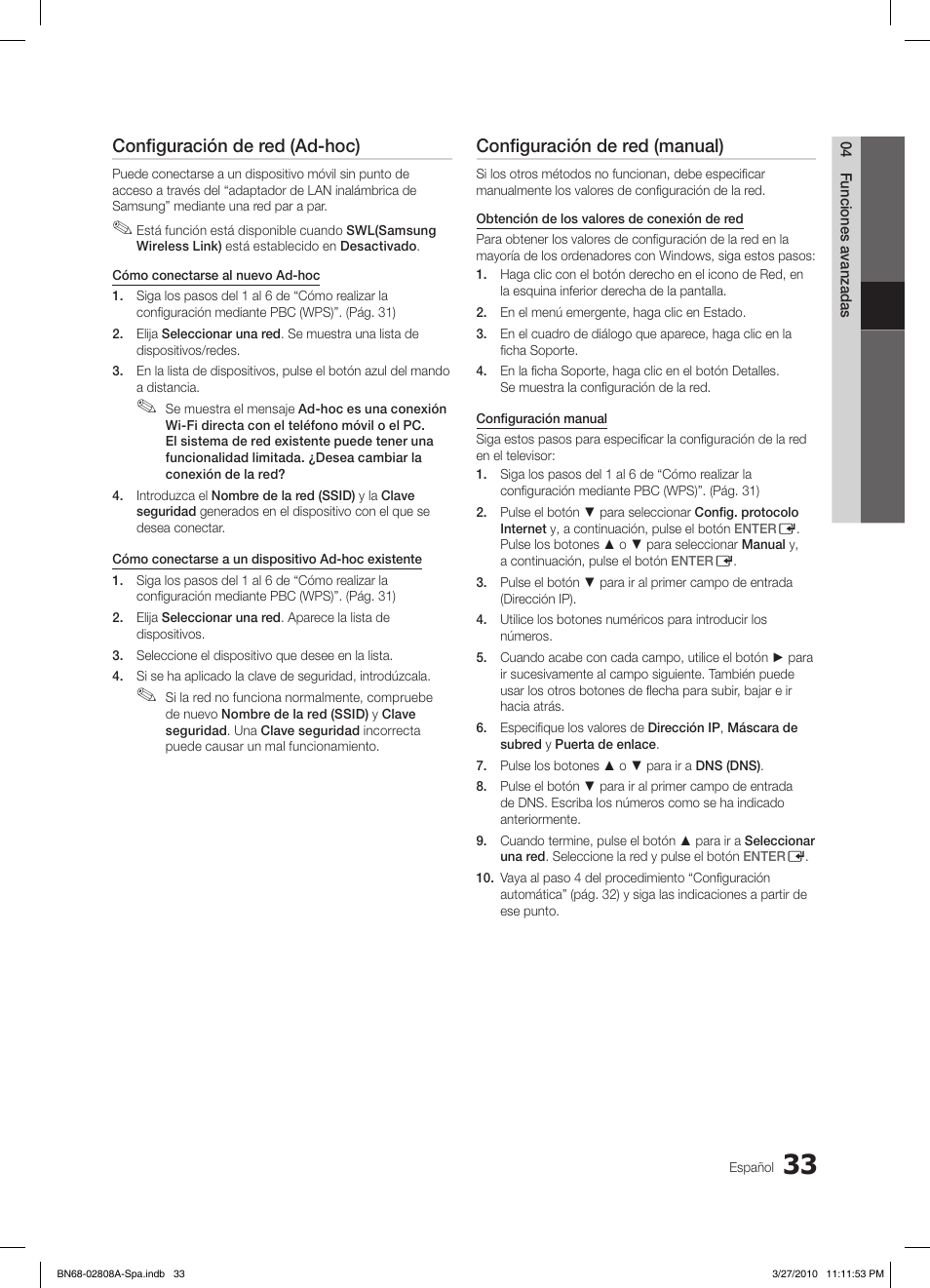 Configuración de red (ad-hoc), Configuración de red (manual) | Samsung LE46C750R2W User Manual | Page 155 / 368