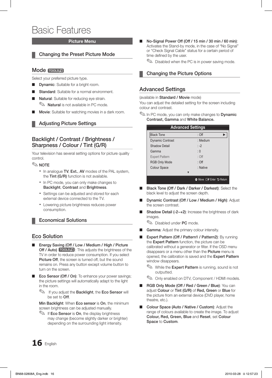 Basic features, Mode, Eco solution | Advanced settings | Samsung LE46C750R2W User Manual | Page 16 / 368