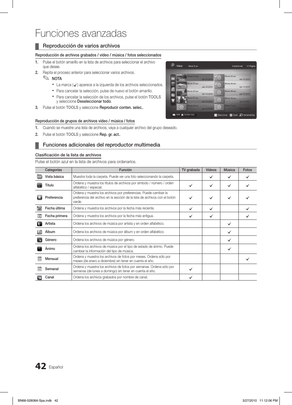 Funciones avanzadas, Reproducción de varios archivos, Funciones adicionales del reproductor multimedia | Samsung LE46C750R2W User Manual | Page 164 / 368