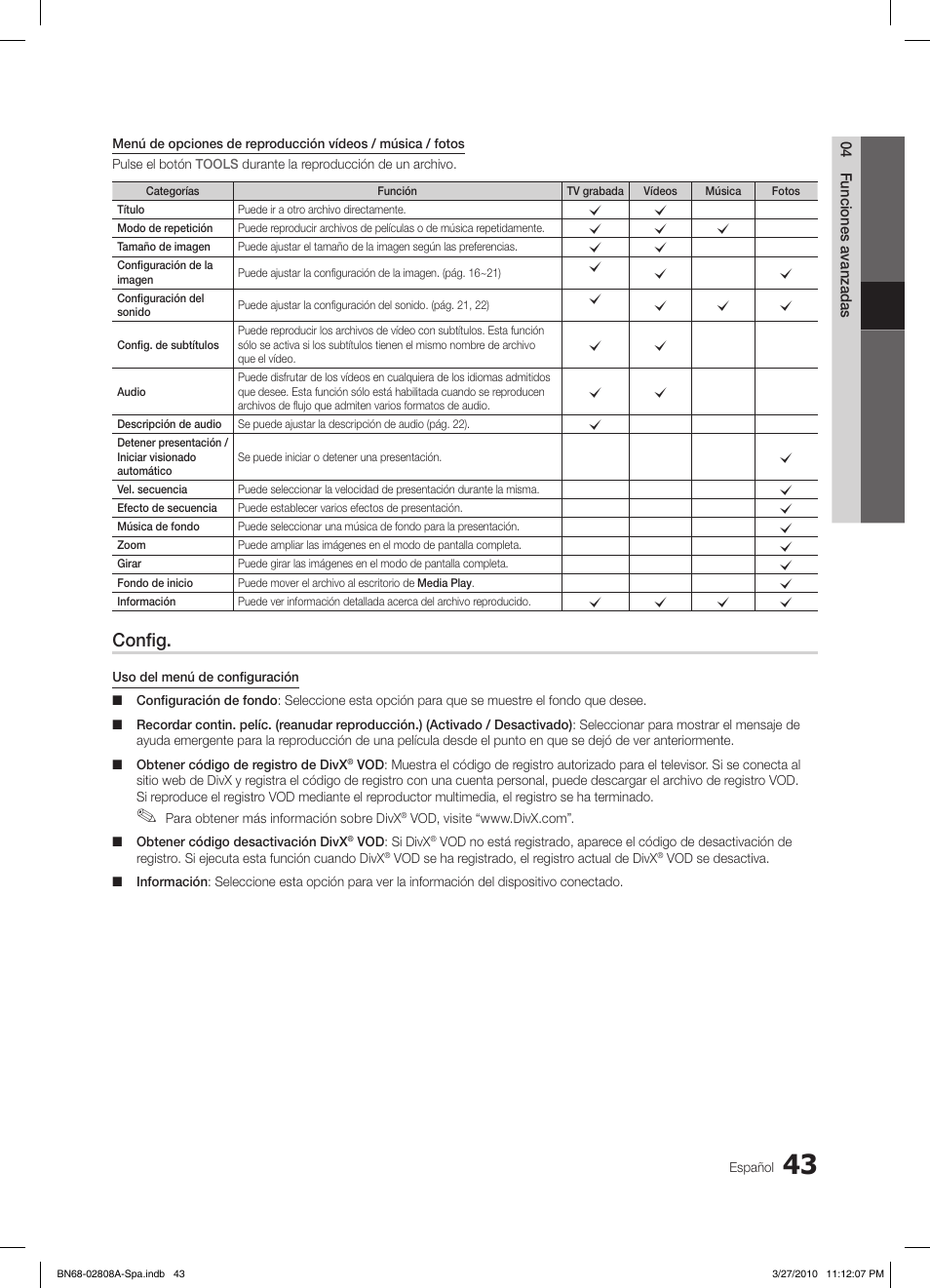 Config | Samsung LE46C750R2W User Manual | Page 165 / 368
