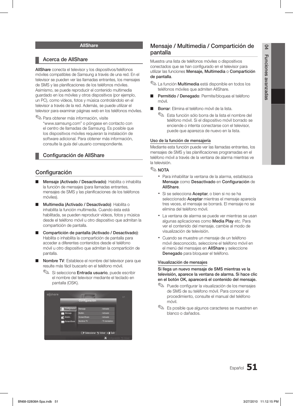 Configuración, Mensaje / multimedia / compartición de pantalla | Samsung LE46C750R2W User Manual | Page 173 / 368