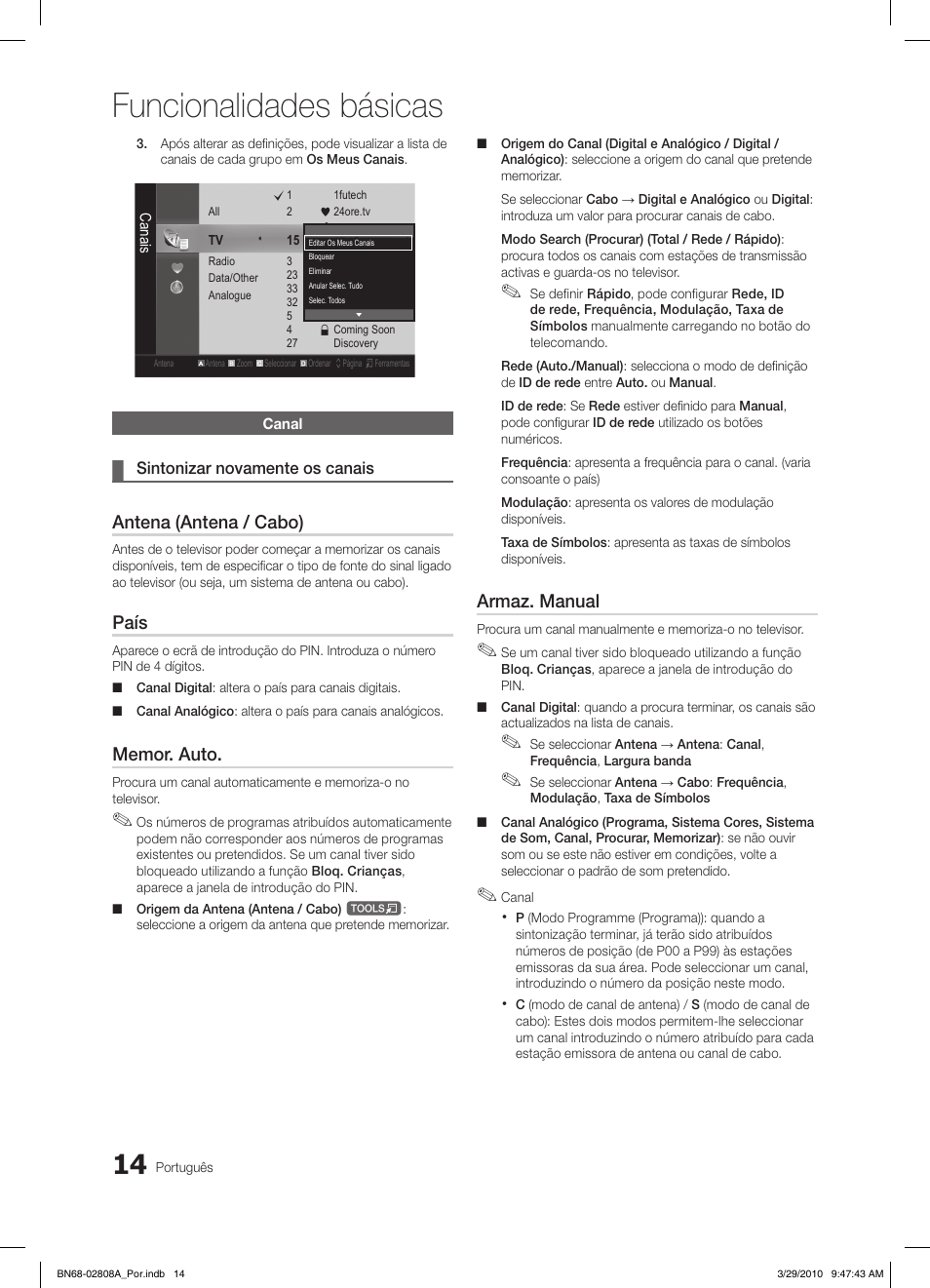 Funcionalidades básicas, Antena (antena / cabo), País | Armaz. manual | Samsung LE46C750R2W User Manual | Page 197 / 368