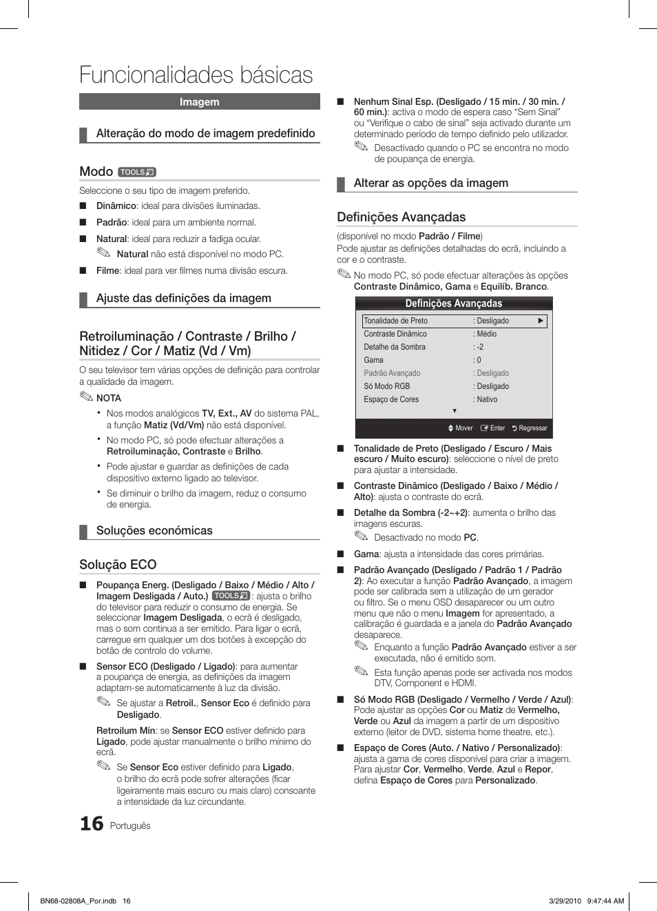 Funcionalidades básicas, Modo, Solução eco | Definições avançadas | Samsung LE46C750R2W User Manual | Page 199 / 368