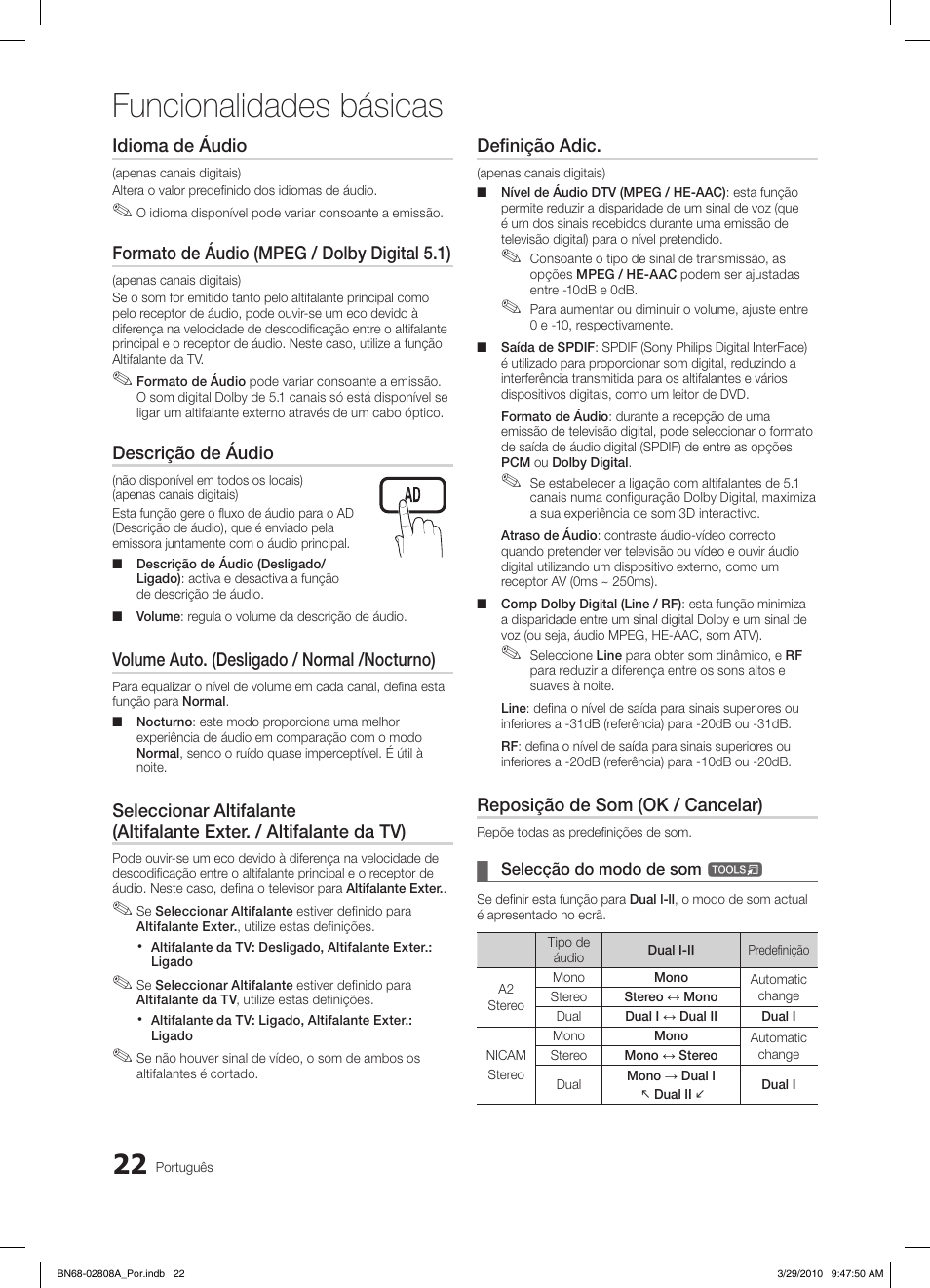 Funcionalidades básicas, Idioma de áudio, Formato de áudio (mpeg / dolby digital 5.1) | Descrição de áudio, Volume auto. (desligado / normal /nocturno), Definição adic, Reposição de som (ok / cancelar) | Samsung LE46C750R2W User Manual | Page 205 / 368