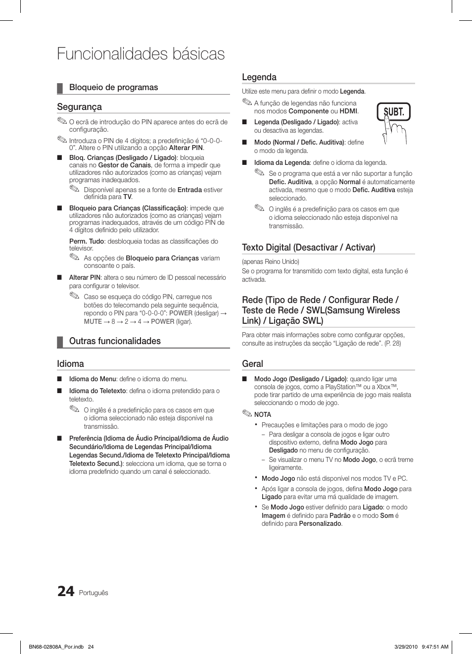 Funcionalidades básicas, Segurança, Outras funcionalidades ¦ idioma | Legenda, Texto digital (desactivar / activar), Geral | Samsung LE46C750R2W User Manual | Page 207 / 368