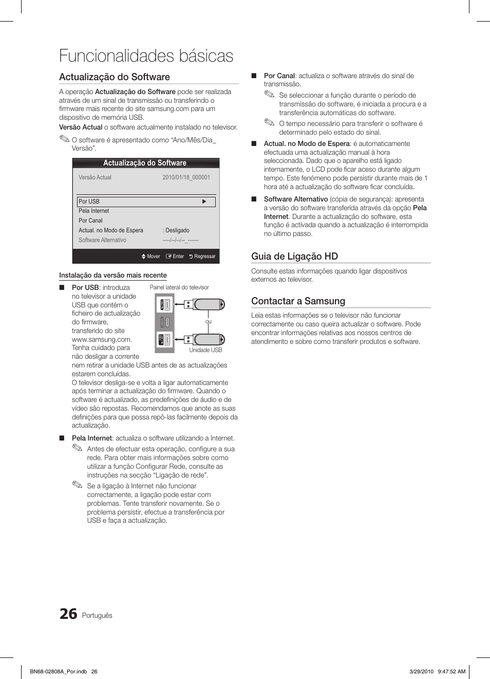 Funcionalidades básicas, Actualização do software, Guia de ligação hd | Contactar a samsung | Samsung LE46C750R2W User Manual | Page 209 / 368
