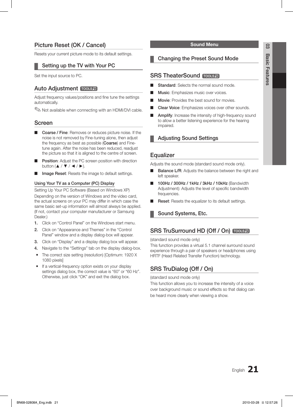 Picture reset (ok / cancel), Auto adjustment, Screen | Srs theatersound, Equalizer, Srs trusurround hd (off / on), Srs trudialog (off / on) | Samsung LE46C750R2W User Manual | Page 21 / 368
