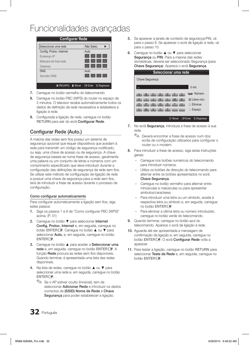 Funcionalidades avançadas, Configurar rede (auto.) | Samsung LE46C750R2W User Manual | Page 215 / 368