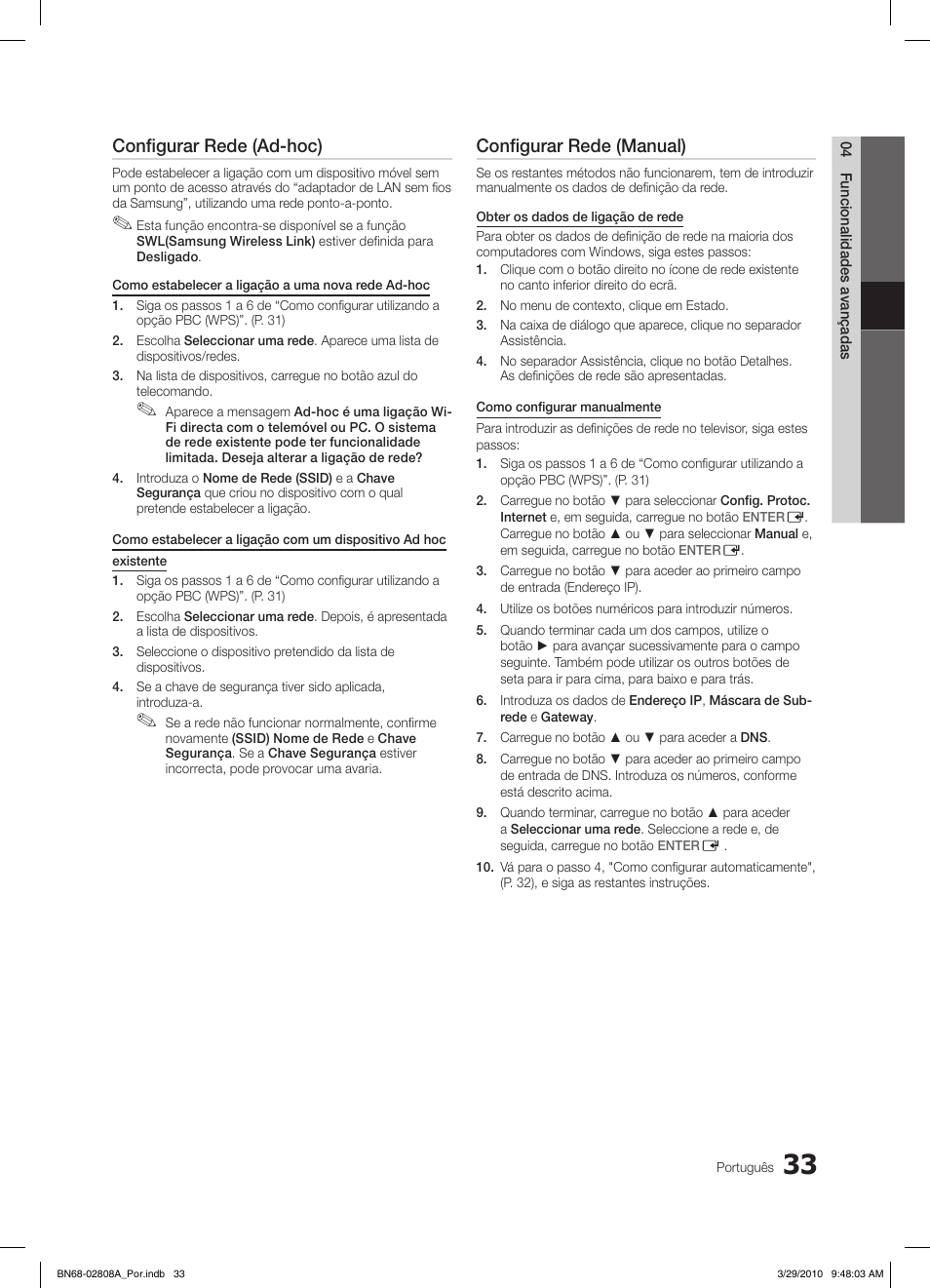 Configurar rede (ad-hoc), Configurar rede (manual) | Samsung LE46C750R2W User Manual | Page 216 / 368