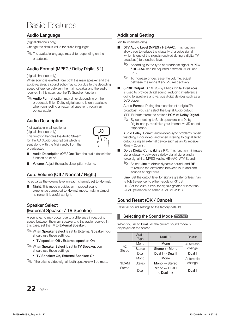 Basic features, Audio language, Audio format (mpeg / dolby digital 5.1) | Audio description, Auto volume (off / normal / night), Speaker select (external speaker / tv speaker), Additional setting, Sound reset (ok / cancel) | Samsung LE46C750R2W User Manual | Page 22 / 368