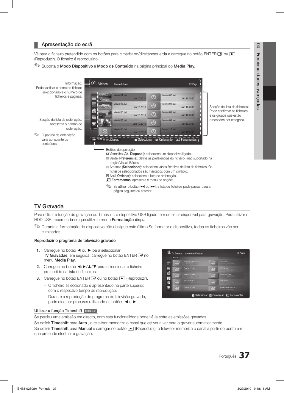Tv gravada, Apresentação do ecrã | Samsung LE46C750R2W User Manual | Page 220 / 368