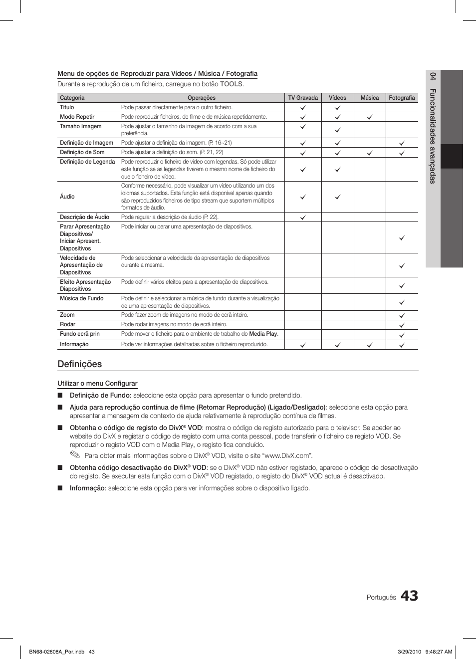 Definições | Samsung LE46C750R2W User Manual | Page 226 / 368