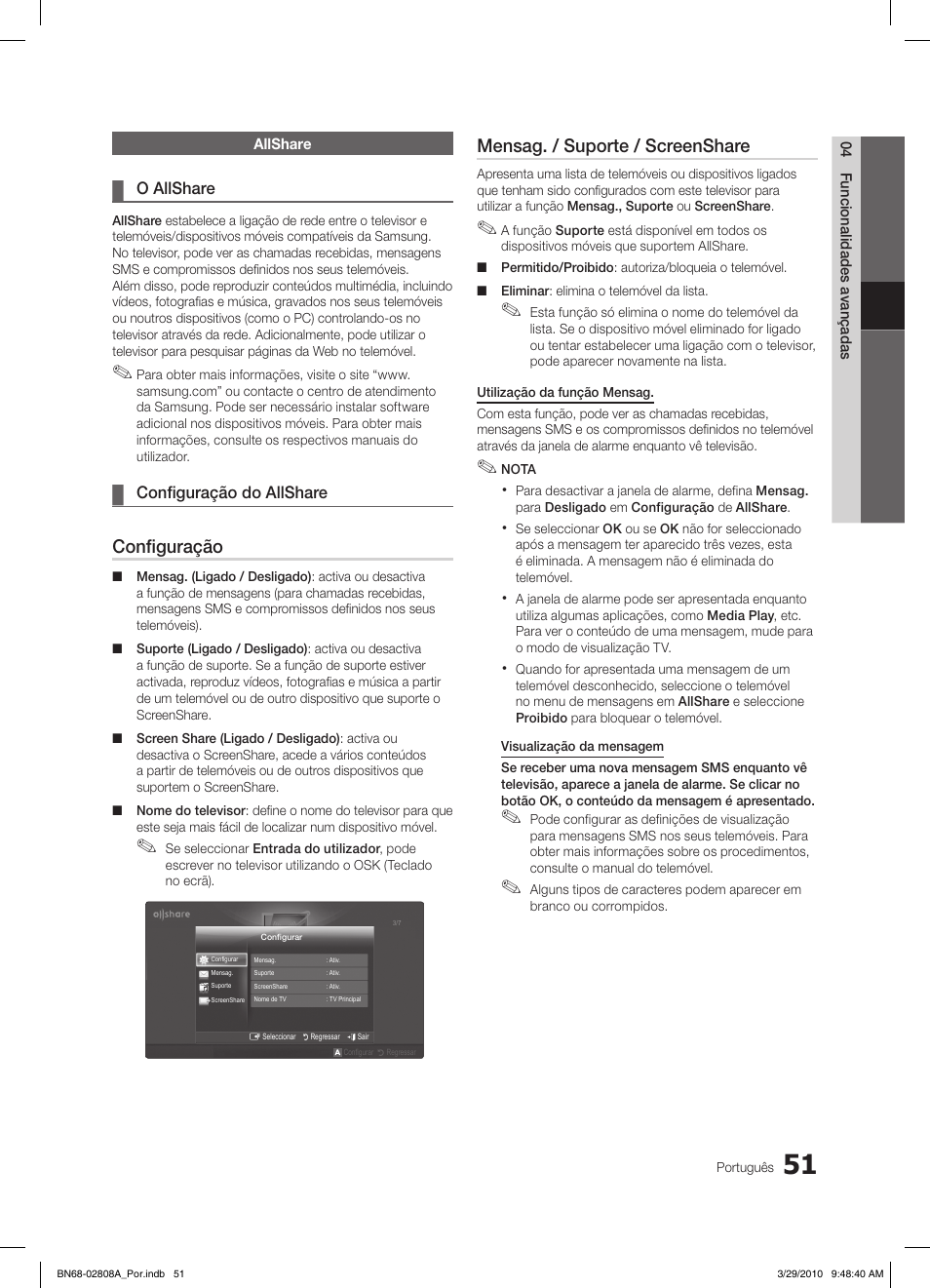 Configuração, Mensag. / suporte / screenshare | Samsung LE46C750R2W User Manual | Page 234 / 368