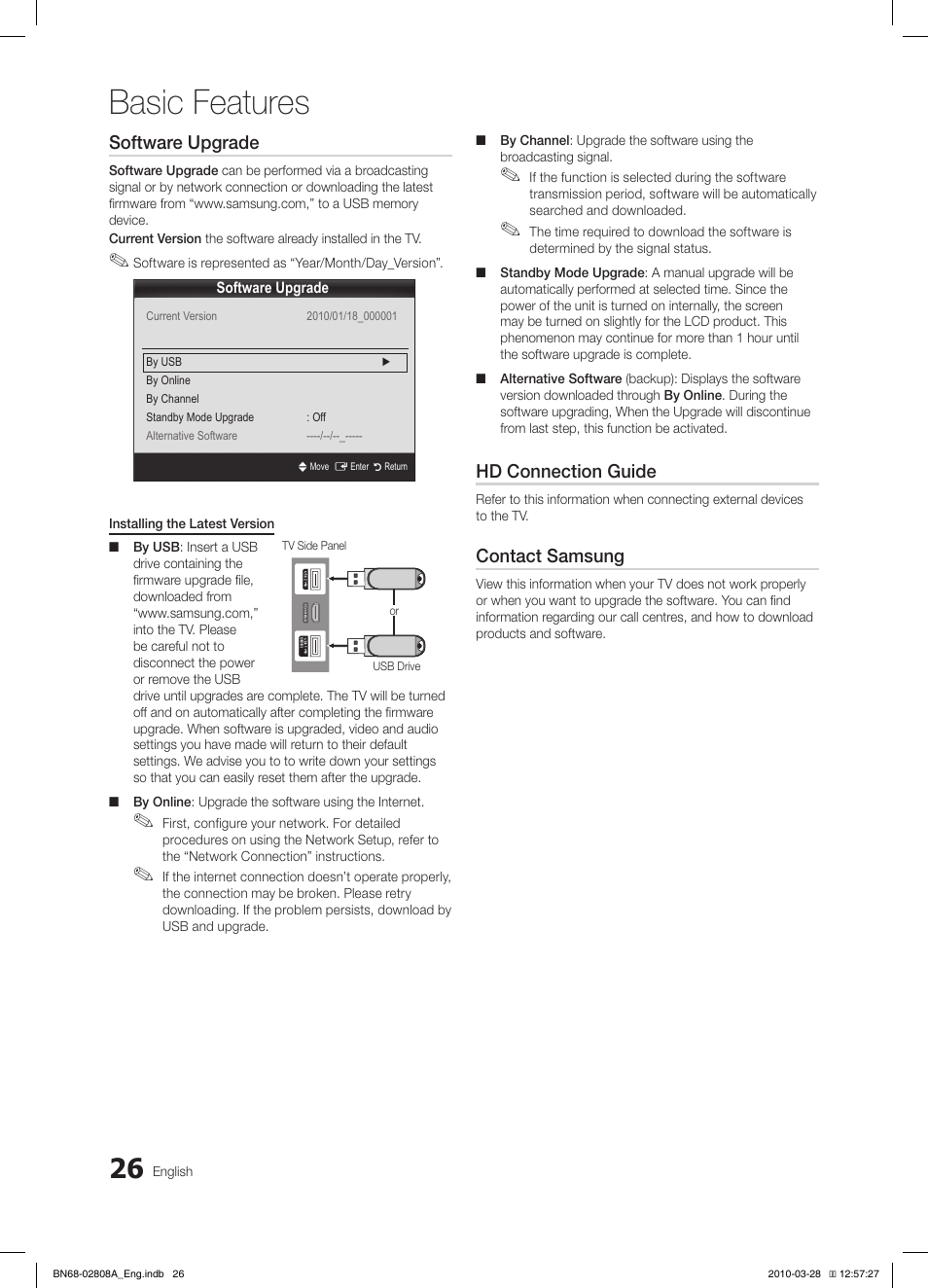 Basic features, Software upgrade, Hd connection guide | Contact samsung | Samsung LE46C750R2W User Manual | Page 26 / 368