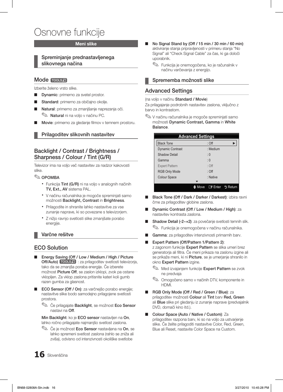 Osnovne funkcije, Mode, Eco solution | Advanced settings | Samsung LE46C750R2W User Manual | Page 260 / 368