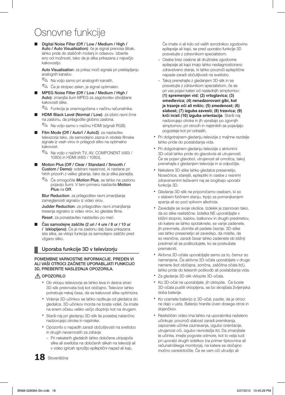 Osnovne funkcije | Samsung LE46C750R2W User Manual | Page 262 / 368