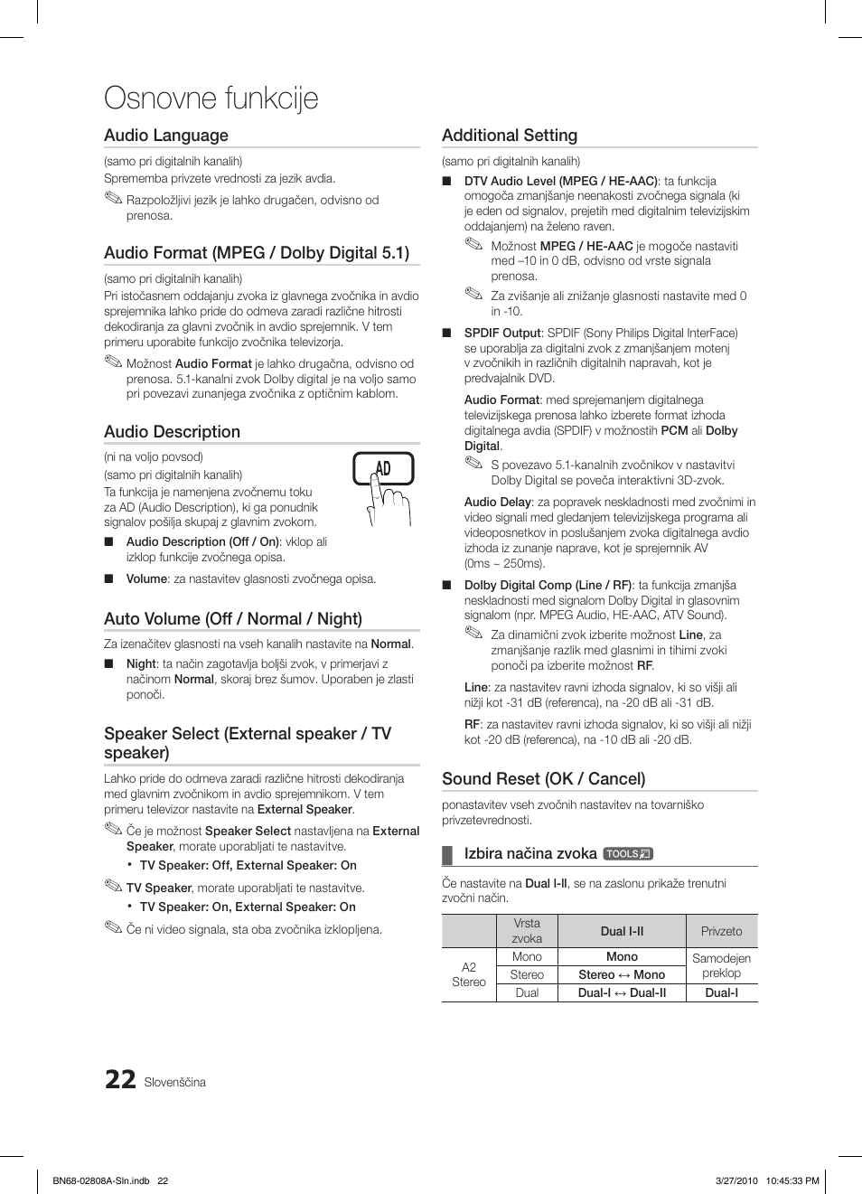Osnovne funkcije, Audio language, Audio format (mpeg / dolby digital 5.1) | Audio description, Auto volume (off / normal / night), Speaker select (external speaker / tv speaker), Additional setting, Sound reset (ok / cancel) | Samsung LE46C750R2W User Manual | Page 266 / 368