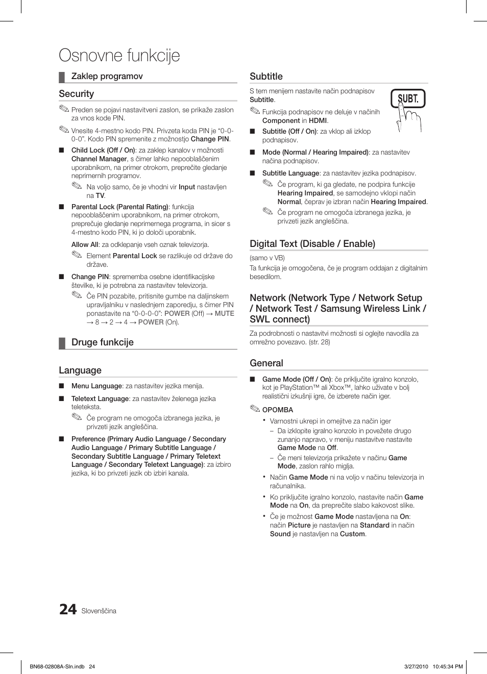 Osnovne funkcije, Security, Druge funkcije ¦ language | Subtitle, Digital text (disable / enable), General | Samsung LE46C750R2W User Manual | Page 268 / 368